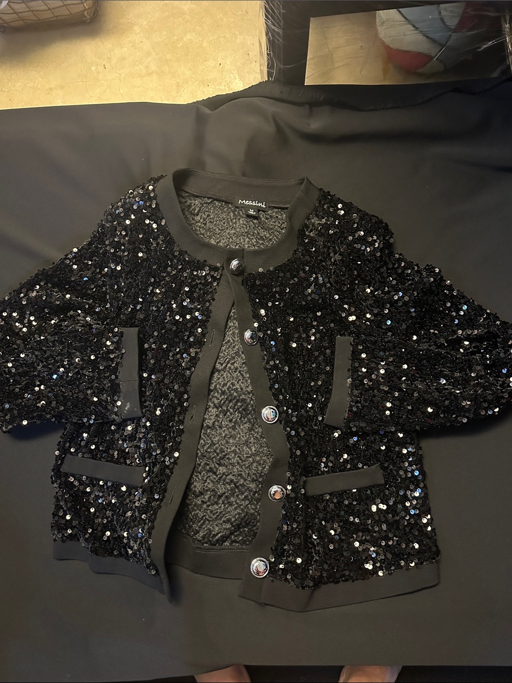 Messini Black Sequin Jacket with Decorative Buttons